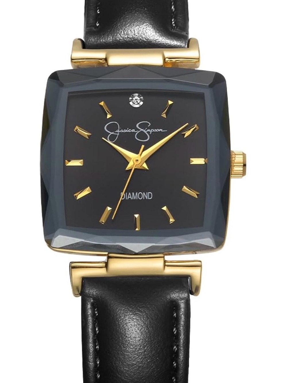 Jessica Simpson Black and Gold Square Crystal-Edge Women's Watch